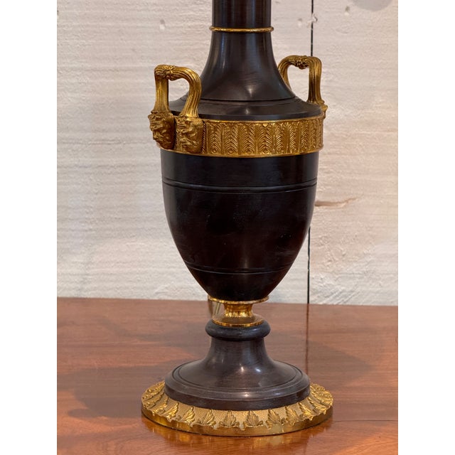 Traditional Pair of Empire Style Patinated Bronze Urn Lamps For Sale - Image 3 of 14