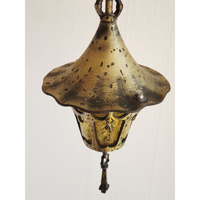Antique 1920's Lincoln Lighting Pendant Light With Amber Art Glass For Sale - Image 9 of 11