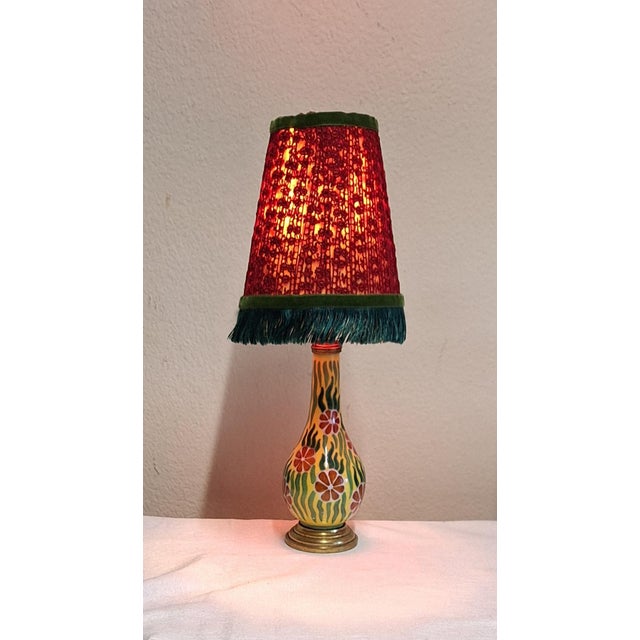 Antique Art Nouveau Table Lamp with Painted Ceramic Base in Brass Socket and Fabric Shade by Lamplove, 1910s For Sale - Image 10 of 10