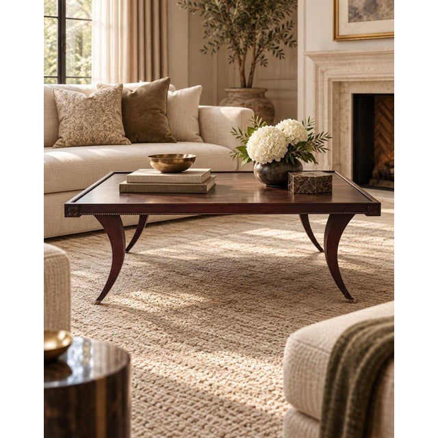 A vintage coffee table by Red Lion Furniture Company, featuring a graceful rectangular profile, curved saber-style legs,...