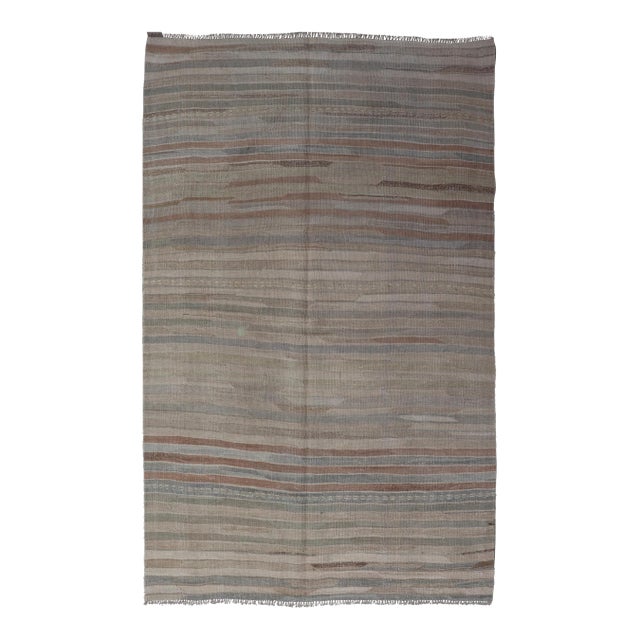 Minimalist Striped Design Vintage Turkish Kilim With Neutral Tones For Sale