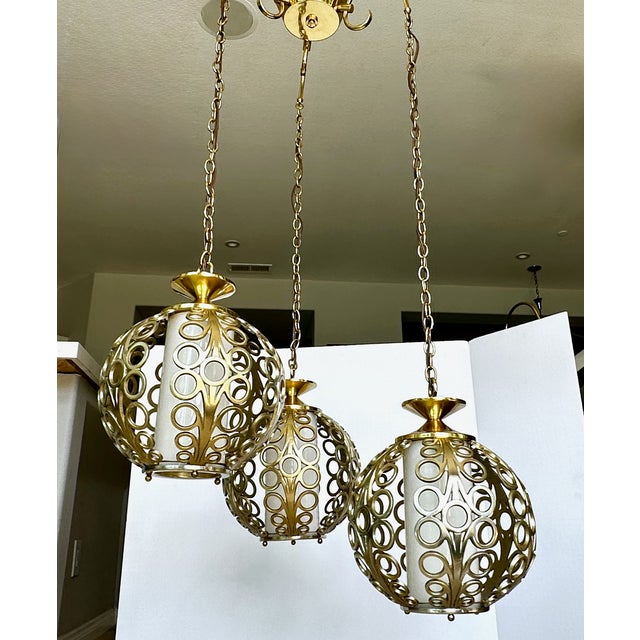 Hollywood Regency Trio (3) Mid-Century Hollywood Regency Pierced Brass Cluster Pendant Chandelier $4,500 For Sale - Image 3 of 18