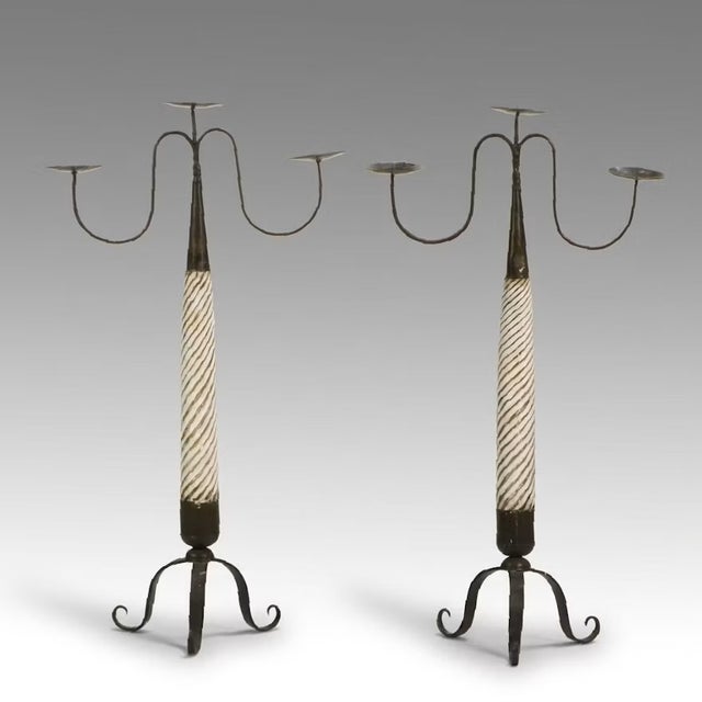 Wood Spanish Baroque Style Twisted Wood & Iron Floor Candlesticks - Pair For Sale - Image 7 of 7