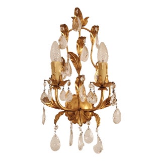 Hollywood Regency Hand-Forged Gold Leaf Gilded Floral 2-Light Wall Lamp with Crystals, 1950s For Sale