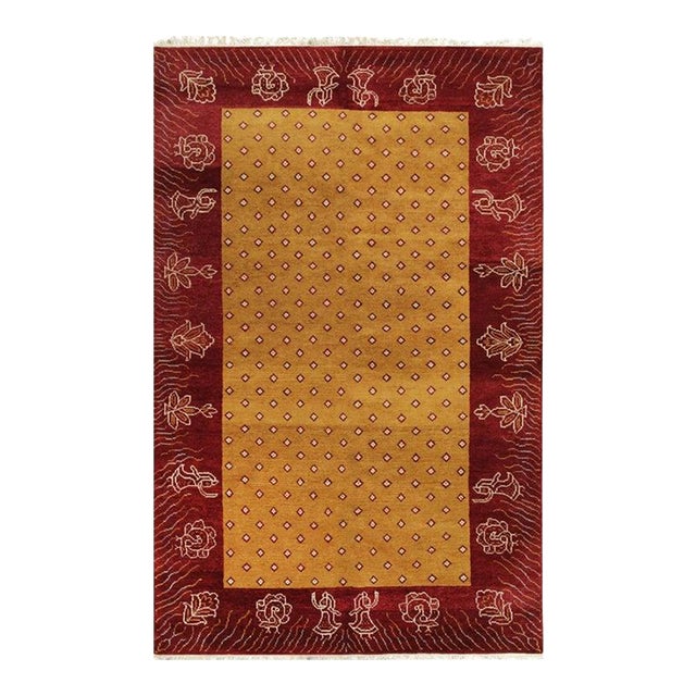 6x9 Yellow Hand-Knotted Wool Floral Border Classic Traditional Modern Carpet Rug For Sale