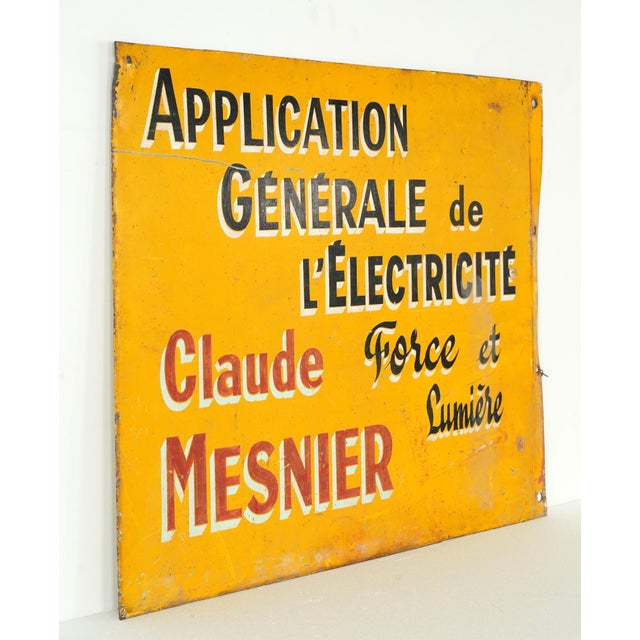 Vintage European double sided French advertising sign made of steel featuring a bright yellow background with contrasting...