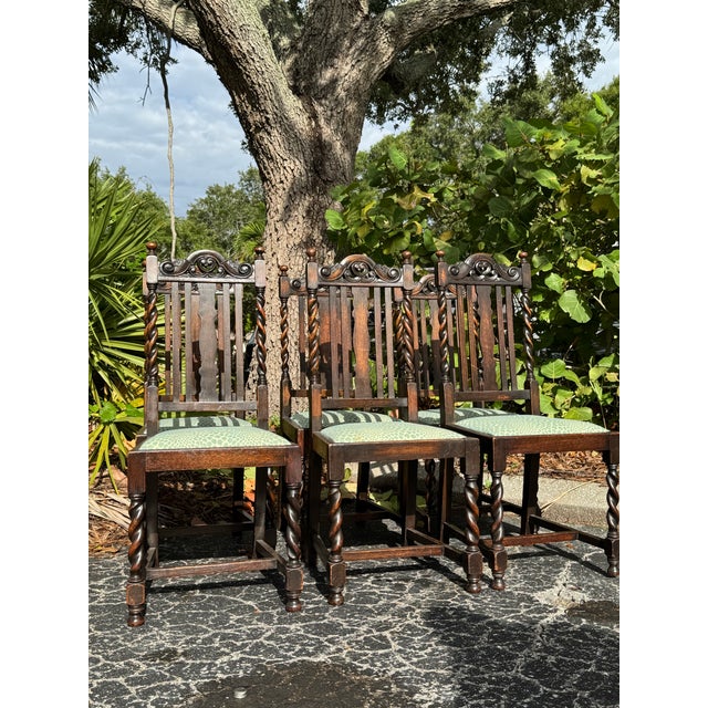 Antique Set of Six Barley Twist Dining Chairs With Teal Leopard Upholstery For Sale - Image 4 of 11