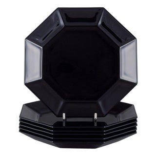 Octagonal Plates in Black Glass from Arcoroc, France, 1970s-1980s, Set of 6 For Sale