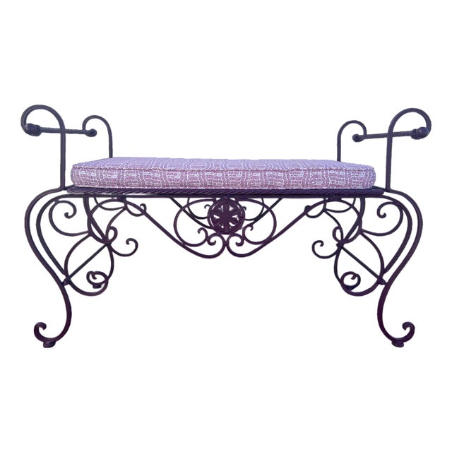 Iron Bench in Plum With New Cushion For Sale
