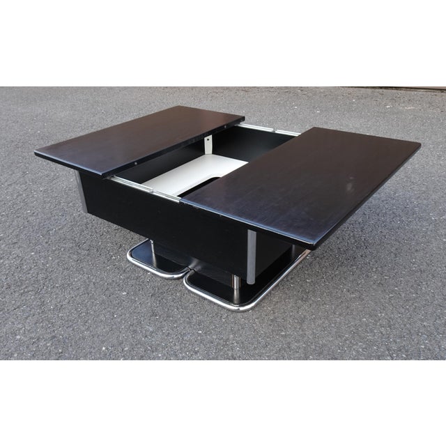 Vintage Italian Chrome and Black Ebonised Wooden Coffee Table with Hidden Bar, 1970s For Sale - Image 9 of 18