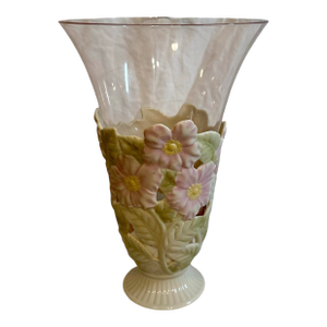 Vintage Lenox Pierced Wild Rose Porcelain Vase With Glass Insert