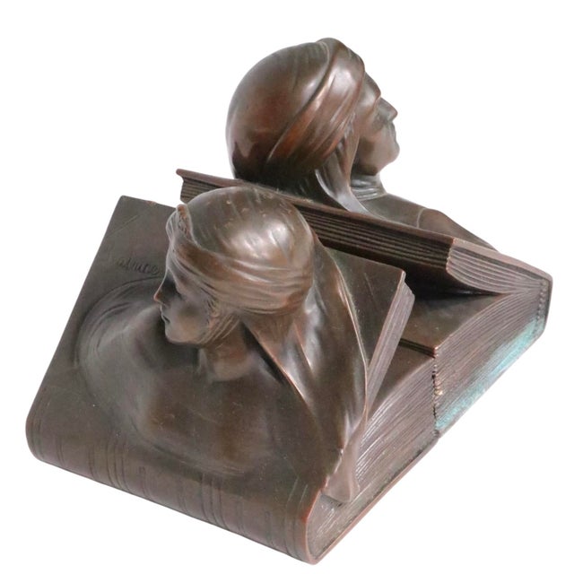 Art Deco Pr. Bronze Finish Clad Dante and Beatrice Bookends by Jennings Brothers C. 1930's For Sale - Image 3 of 12