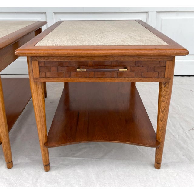 Lane Furniture Pair of Lane Perception Weave Design and Travertine Side Table Nightstands For Sale - Image 4 of 13
