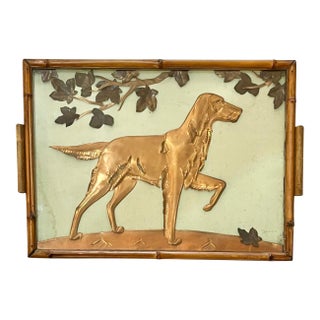 Vintage Two Handle Tray Folk Art Hammered Copper Hunting Dog in Bamboo and Glass Frame For Sale