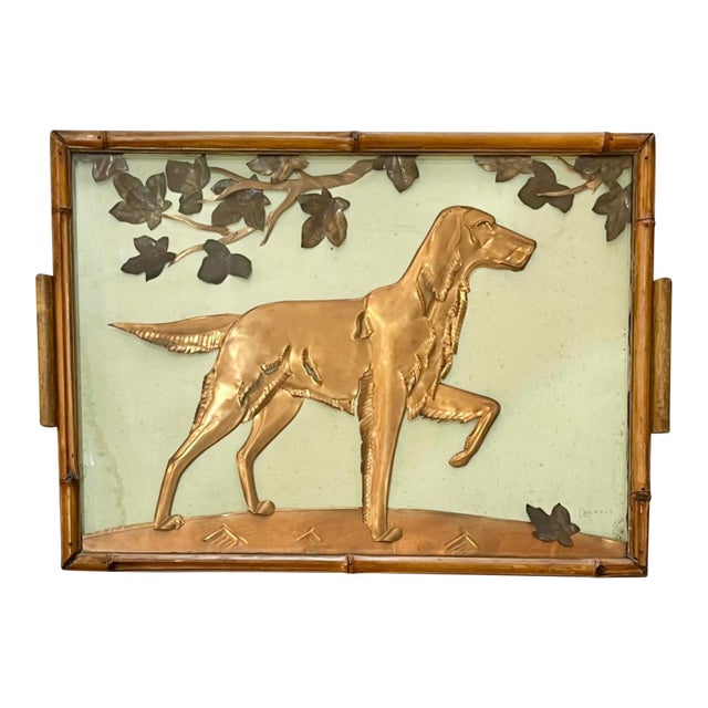 Vintage Two Handle Tray Folk Art Hammered Copper Hunting Dog in Bamboo and Glass Frame For Sale