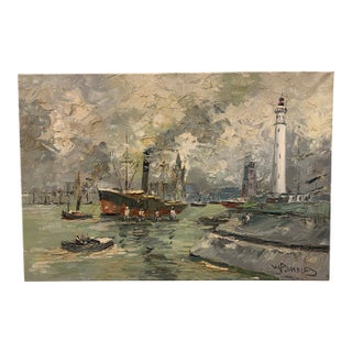 Walter Prescher Van Ed (1916-1988) Large Signed French Harbor Oil Painting For Sale