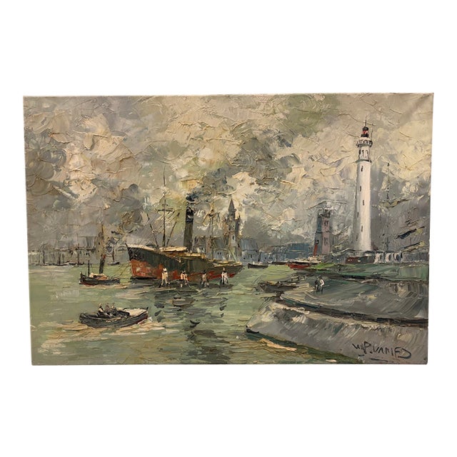 Walter Prescher Van Ed (1916-1988) Large Signed French Harbor Oil Painting For Sale