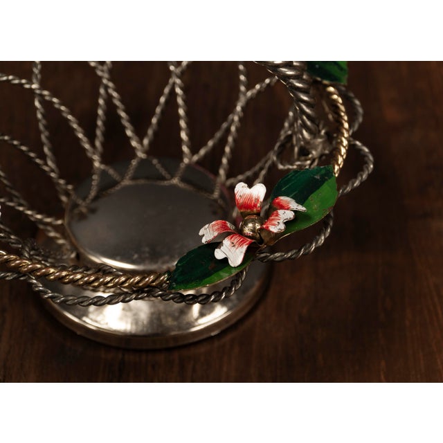 Metal Small Hollywood Regency Wire Basket with Floral Decoration, 1950s For Sale - Image 7 of 9
