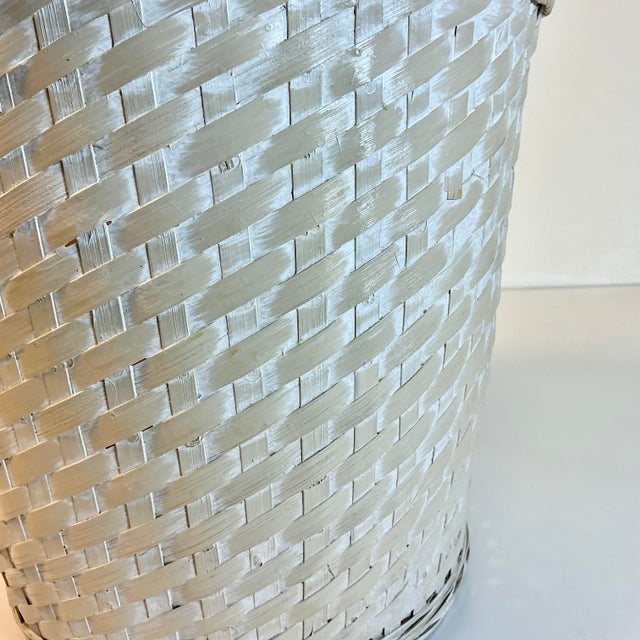 Almond Mid-Century Boho Chic Coastal White Washed Almond Painted Wicker Wastebasket. For Sale - Image 8 of 11