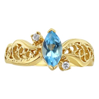 Marquise Blue Topaz Ring with Diamond Accents 14k Yellow Gold, Size 9 For Sale