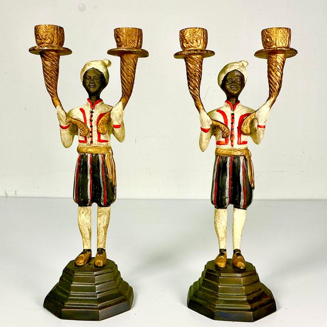 Early 20th Century Early 1900s Antique Mediterranean Italian Venetian Moorish Painted Bronze Candelabras - A Pair For Sale - Image 5 of 17