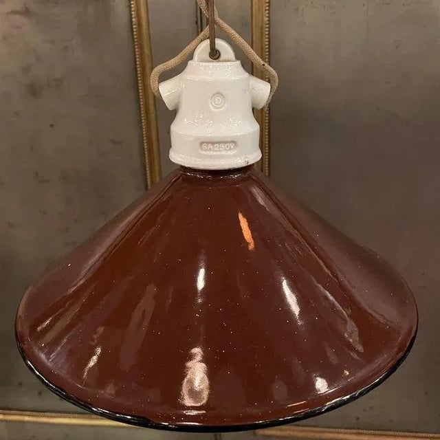 Brown 1920s Industrial Brown Enamel Cone Factory Pendant Light For Sale - Image 8 of 10