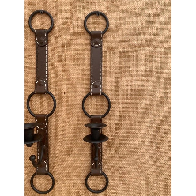 Hermès Pair Faux Leather Metal Candle Sconces (After Jacques Adnet) Horse Bridle Hermès For Sale - Image 4 of 8