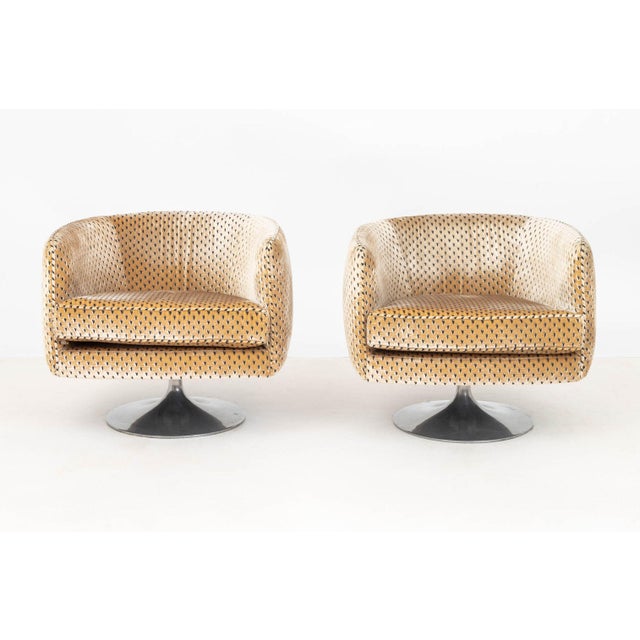 Pair of Milo Baughman Style Velvet Upholstered Tub Chairs, with brown geometric pattern upholstery on chrome-plated base....
