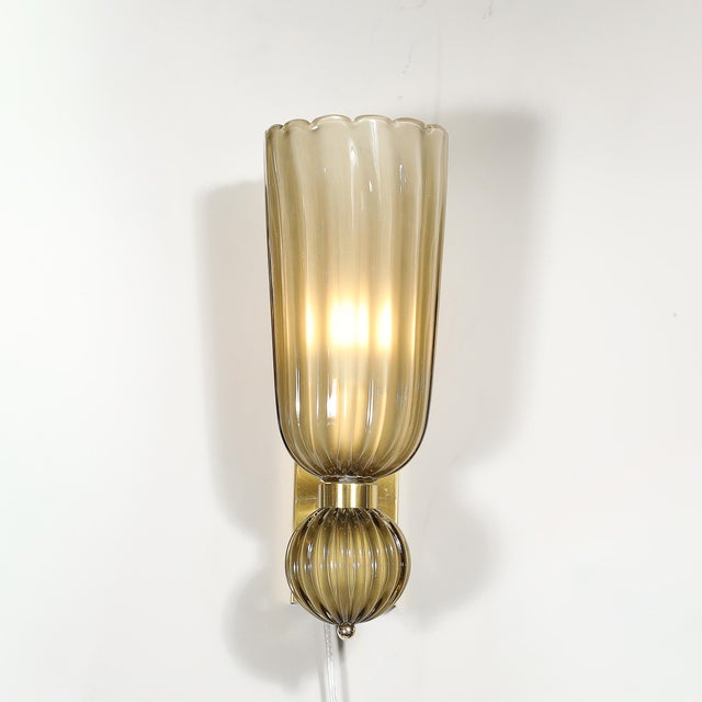 Modern Pair of Modernist Hand-Blown Murano Fluted Glass Sconces in Frosted Smoked Topaz For Sale - Image 3 of 18