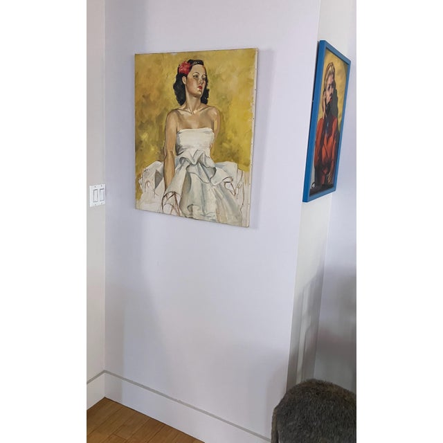 1940s Gorgeous Mid-Century Colorful Portrait of a Woman in White With a Flower in Her Hair For Sale - Image 5 of 6