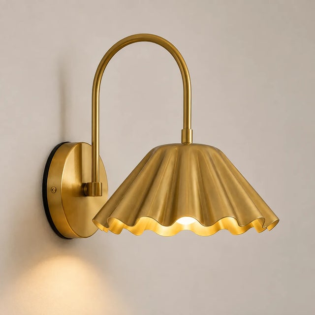 Contemporary Handcrafted Brass Scalloped Wall Sconce, Fluted Shade Vanity & Bedroom Wall Light For Sale - Image 3 of 10