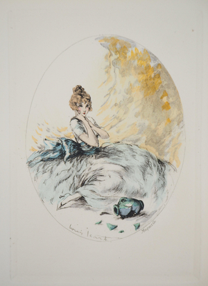 Louis Icart, Jeune femme à la cruche brisée, Etching