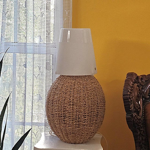 Vintage Ikea Woven Rattan Coastal Boho Table Lamp With White Frosted Glass Shade For Sale - Image 18 of 18