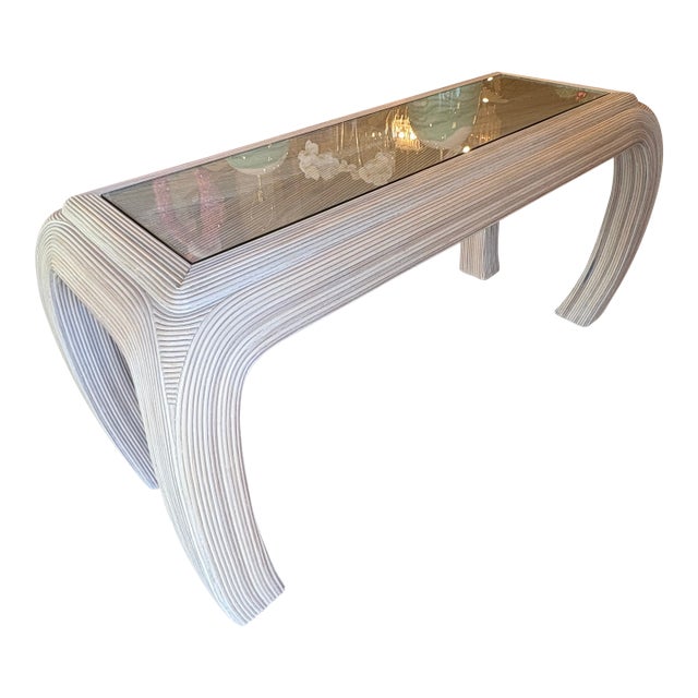 Vintage Coastal Palm Beach Pencil Reed Rattan Ming Console Table New Glass Top For Sale