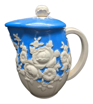 Moriyama Mori Machi Floral Porcelain Hand Painted Blue and White Pitcher With Lid, Japan