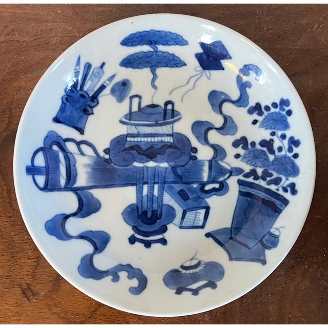 Antique 19th Century Chinese Blue and White Porcelain Dish or Small Plate Decorated in the Kangxi Manner With Auspicious Objects For Sale - Image 4 of 10
