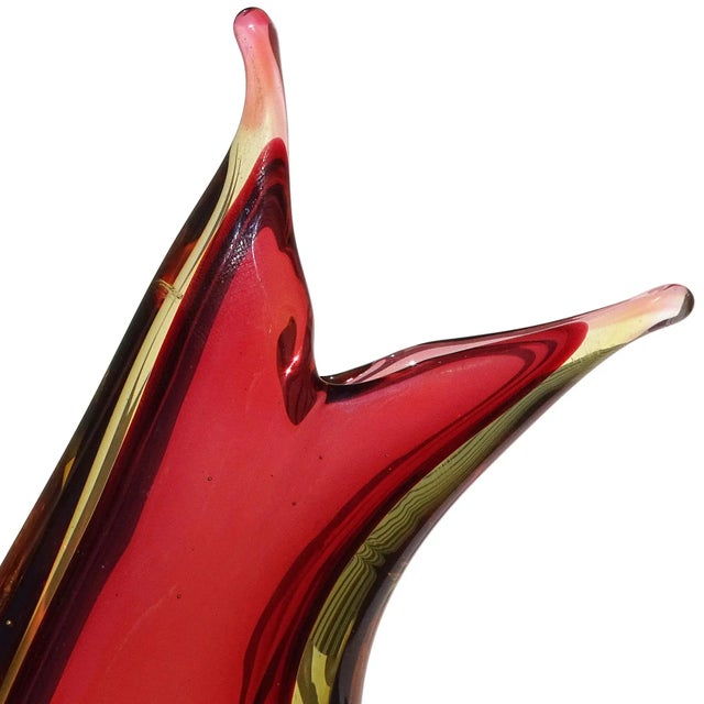 Mid-Century Modern Murano Vintage Abstract Sommerso Red Yellow Orange Italian Midcentury Art Glass Flower Vase For Sale - Image 3 of 8