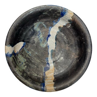 Vintage Contemporary Organic Modern Studio Art Pottery Decorative Bowl in Blue, Black, Gray For Sale