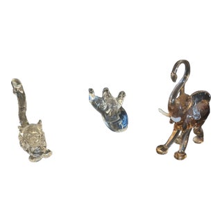 Vintage Hand Blown Glass Figurines Blue Slug, Clear Kitty, Coral Elephant - Set of 3 For Sale