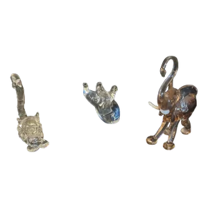 Vintage Hand Blown Glass Figurines Blue Slug, Clear Kitty, Coral Elephant - Set of 3