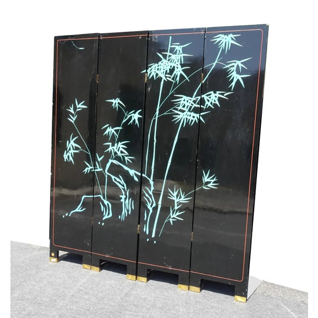 Vintage Oriental Asian Blue Coromandel Four Panel Screen Room Divider W Swans For Sale - Image 12 of 12