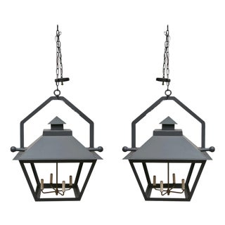 Pair of Large Iron Lanterns with Four Lights and Architectural Design For Sale