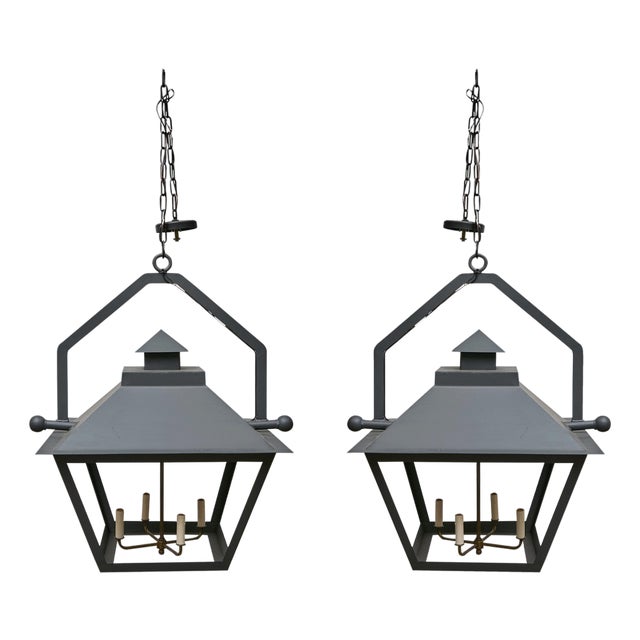 Pair of Large Iron Lanterns with Four Lights and Architectural Design For Sale