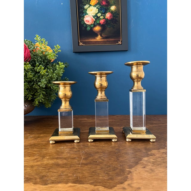 1960’s Brass & Lucite Candlestick Holders Set of 3 For Sale - Image 12 of 18