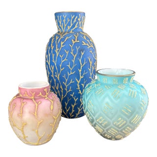Stunning Antique Coralene Vase Collection Set of 3 For Sale