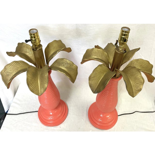 Vintage Goldtone and Coral Grand Palm Tree Lamps- a Pair For Sale In West Palm - Image 6 of 12