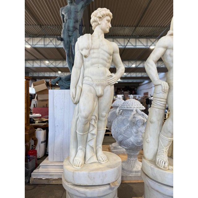 Figures on Round Bases in Solid Carrara Marble, Set of 2 For Sale - Image 4 of 15