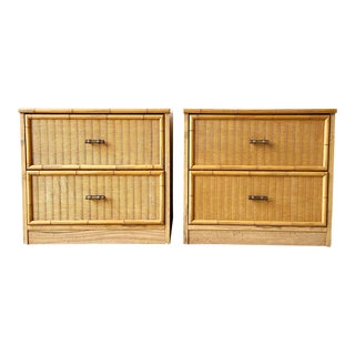 Boho Chic Wood Grain Laminate Faux Bamboo & Wicker Nightstands - a Pair For Sale