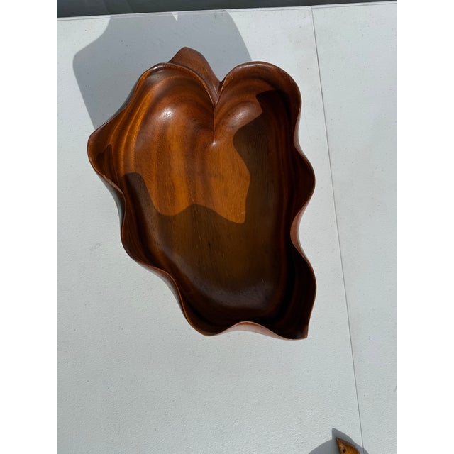 Vintage Teak Oak Leaf Salad Bowl With Tongs For Sale - Image 11 of 11