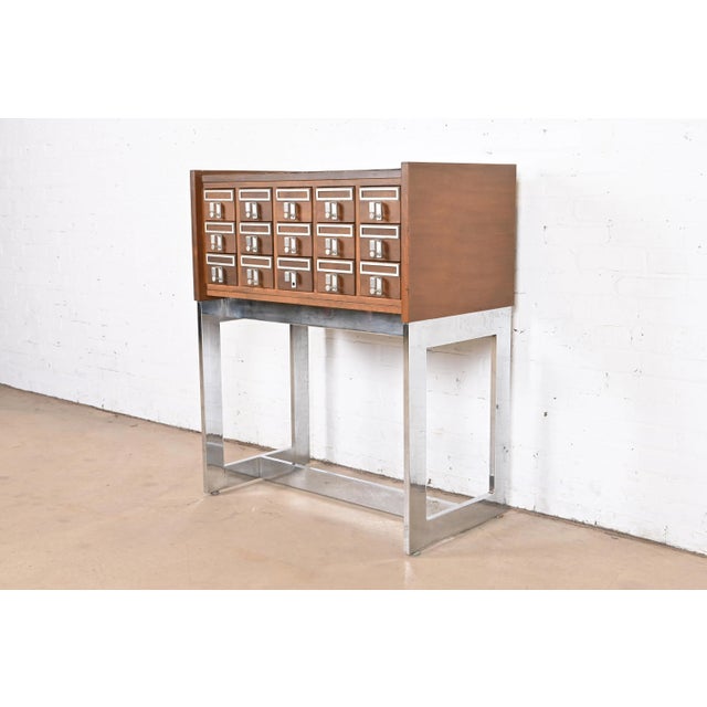 Mid-Century Modern Walnut and Chrome 15-Drawer Library Card Catalog For Sale - Image 12 of 12